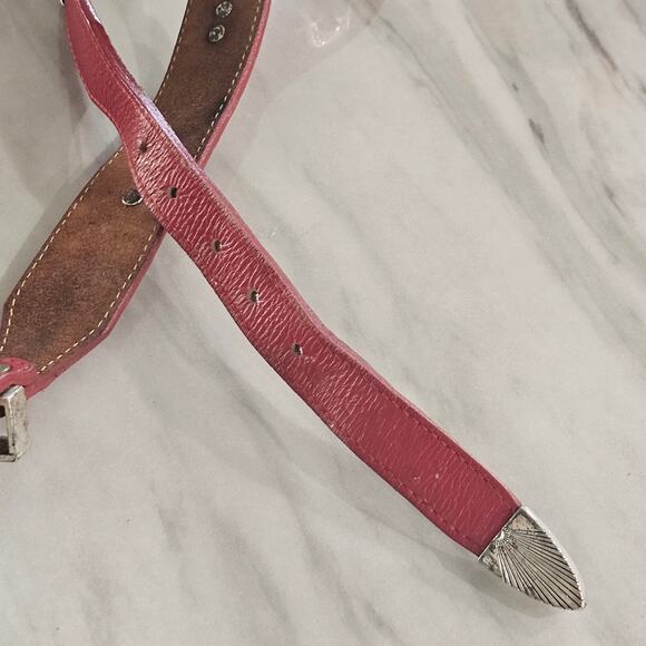 Crimson red thick leather belt with etched buckle, symbolic animal medallions main image 5